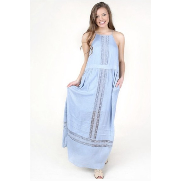 Altar'd State Dusty Blue Halter Maxi Dress Small Crochet Lined Boho Beachy - Picture 7 of 7